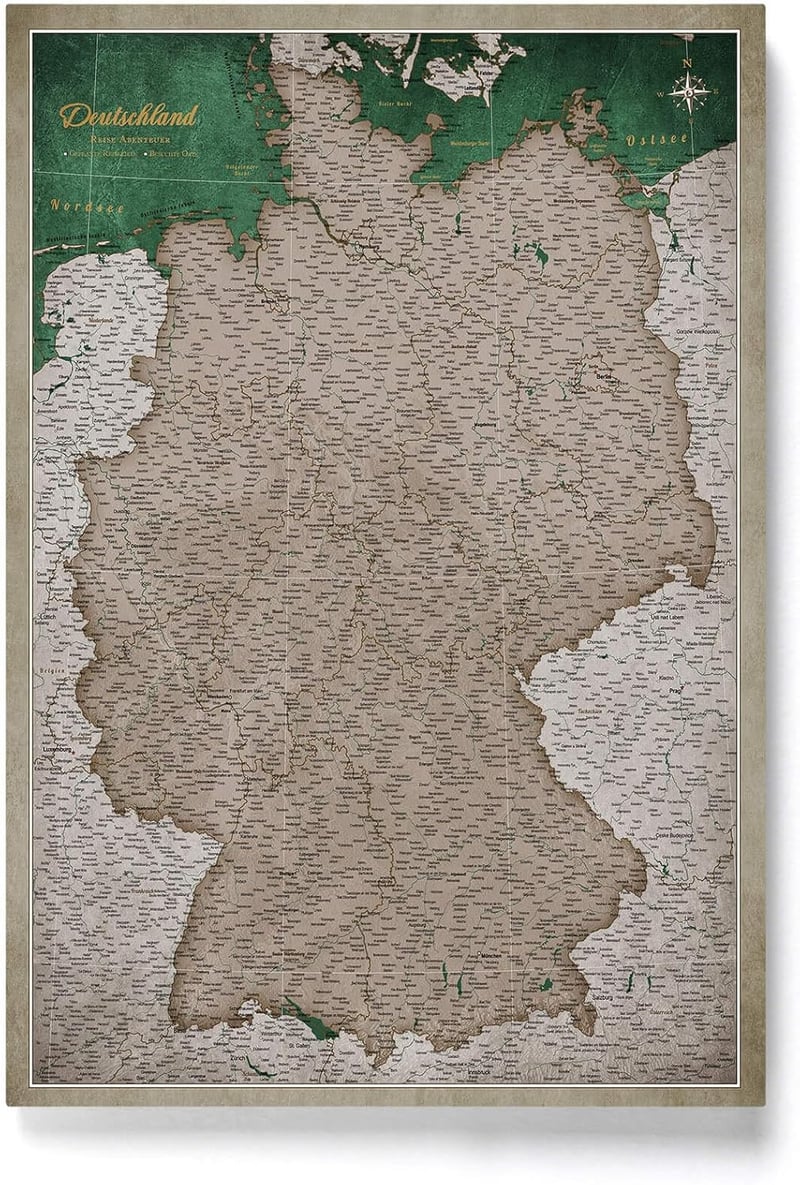 CANVASCALE Németország Térkép Parafa Pinboard 90x60 cm - Utazási Célpontok Jelöléséhez - Vászon Fali Dekoráció Gyerekszobába, Tanuláshoz - P