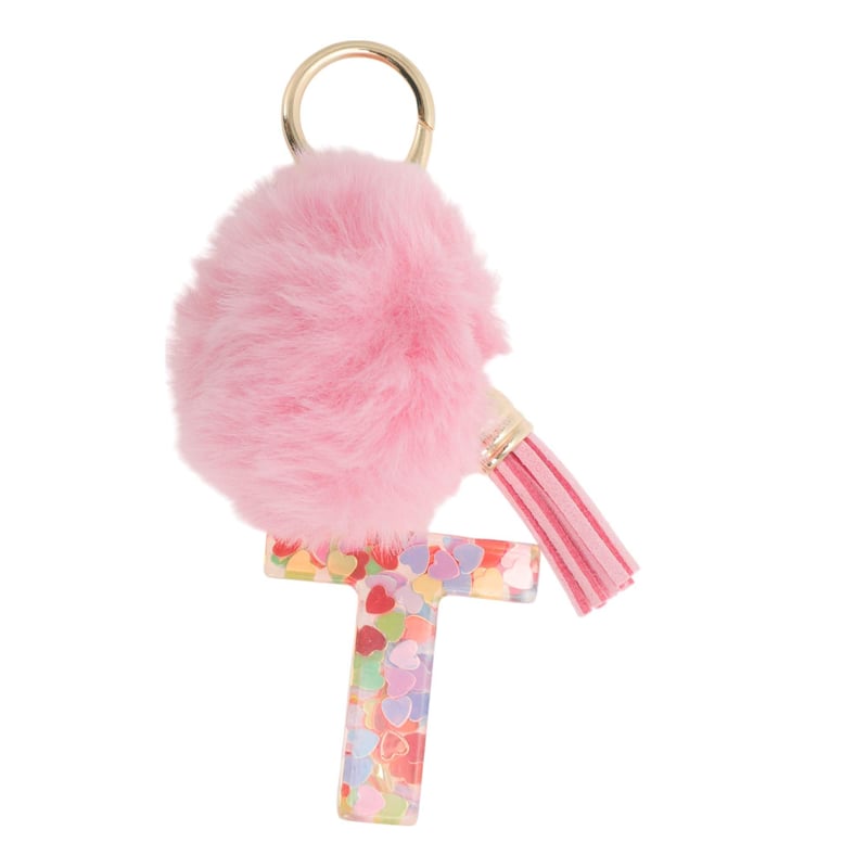 Breloc cu inițiala „T” CAPASTEC pentru femei cu pompon din blană, roz - Accesoriu de geantă cu inițială pentru fete și femei