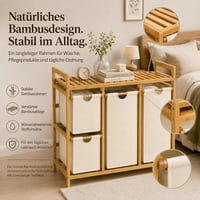 Capsste Szennyesgyűjtő 4 rekeszes 150 L, Bambusz polcos szennyestartó, 2x50 L és 2x25 L Oxford zsákos szennyeskosár, kivehető zsákok, bézs 4