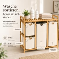 Capsste Szennyesgyűjtő 4 rekeszes 150 L, Bambusz polcos szennyestartó, 2x50 L és 2x25 L Oxford zsákos szennyeskosár, kivehető zsákok, bézs 3