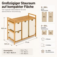 Capsste Szennyesgyűjtő 4 rekeszes 150 L, Bambusz polcos szennyestartó, 2x50 L és 2x25 L Oxford zsákos szennyeskosár, kivehető zsákok, bézs 2