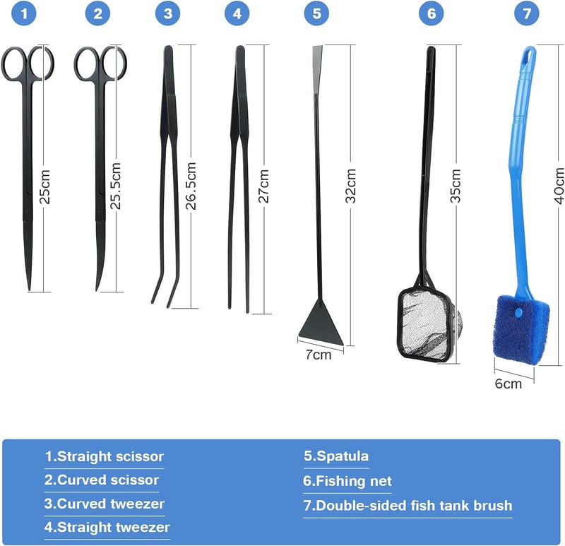 Set de instrumente pentru acvariu Captina 7 în 1 din oțel inoxidabil cu foarfecă și pensetă