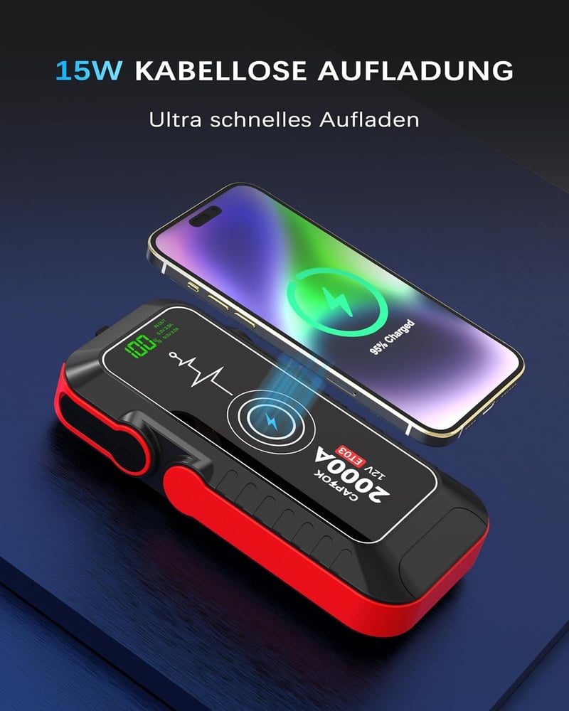 CAPTOK 16800 mAh Indítóakkumulátor 2000A Vezeték Nélküli Töltéssel és LED Lámpa