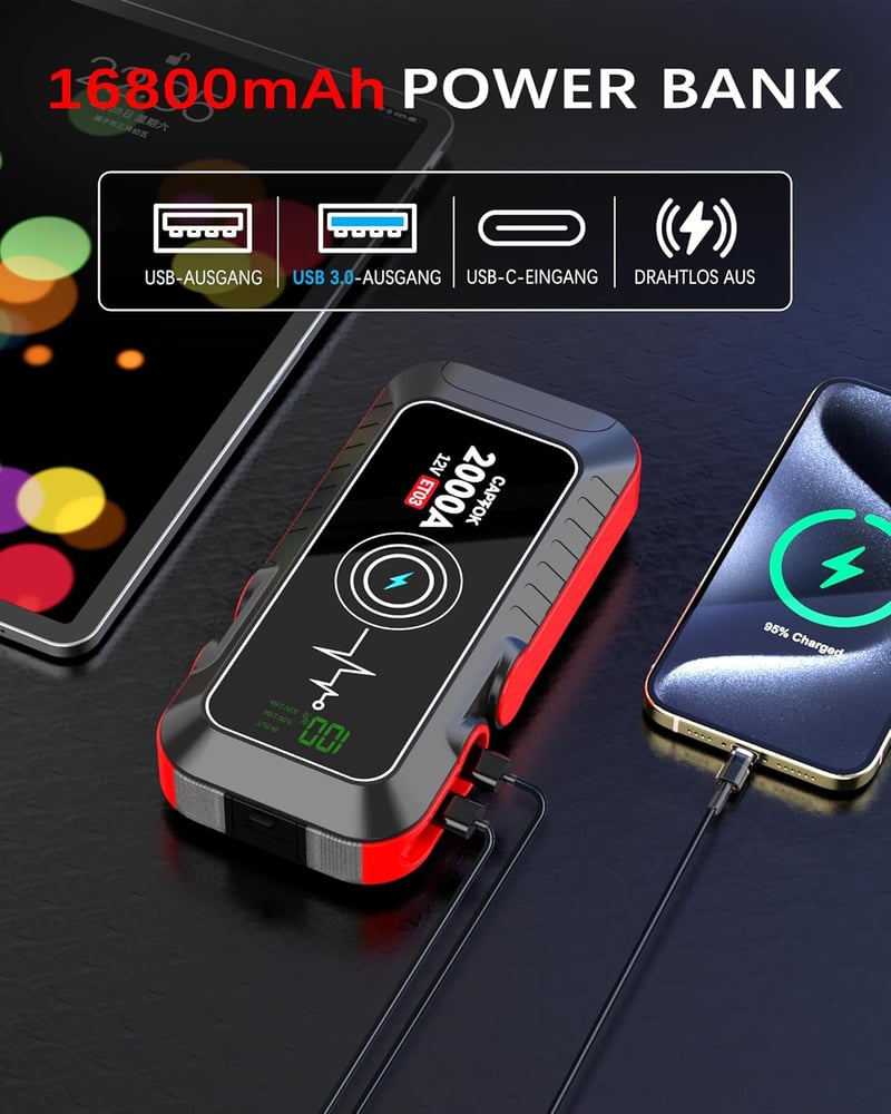 CAPTOK 16800 mAh Indítóakkumulátor 2000A Vezeték Nélküli Töltéssel és LED Lámpa