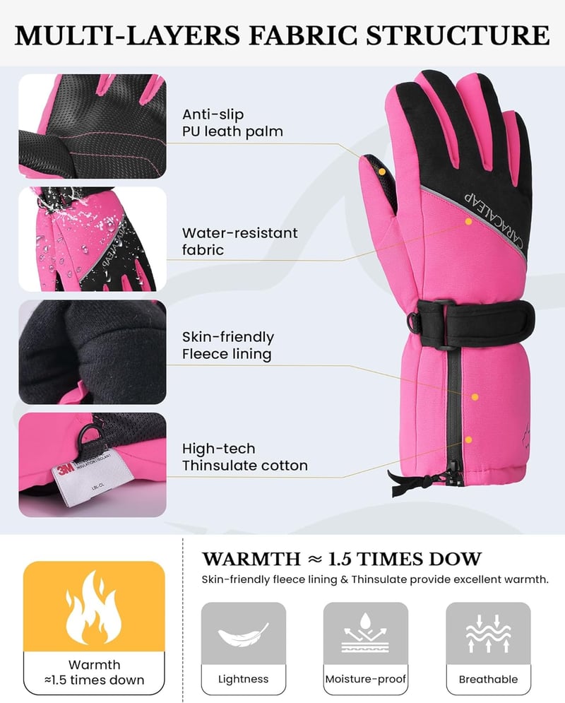 Caracaleap Gyerek Sí Kesztyű Vízálló Thinsulate Téli Meleg Fekete Pink 7-9 Év