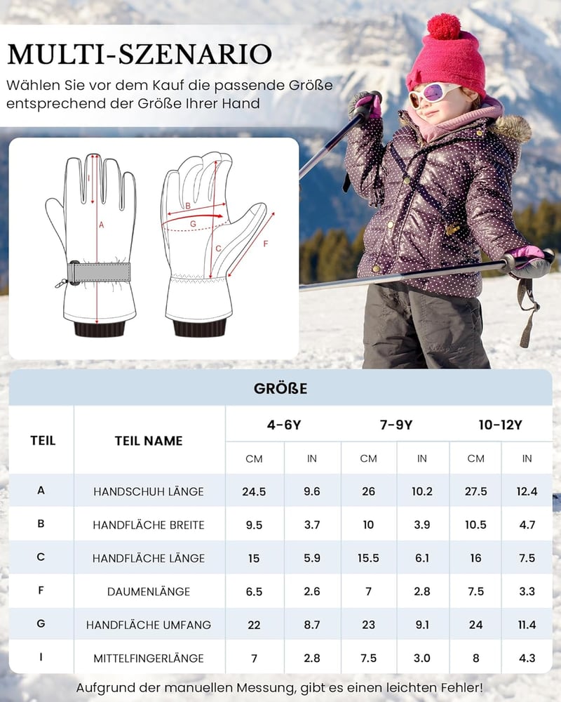 Caracaleap Gyerek Síkesztyű Vízálló Thinsulate Téli Meleg Kesztyű Fiúknak Lányoknak 6-12 Év Fekete