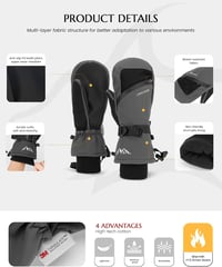 Caracaleap vízálló téli sí kesztyűk férfiaknak és nőknek, hócsúszós kesztyű, szürke fekete sí mittens 5