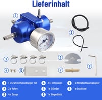 CarBole Univerzális Üzemanyagnyomás Szabályozó 1-140PSI - Alumínium Ötvözet, Nyomásmérővel és Csővel, Kék - Autó Benzin Befecskendező Rendsz 2