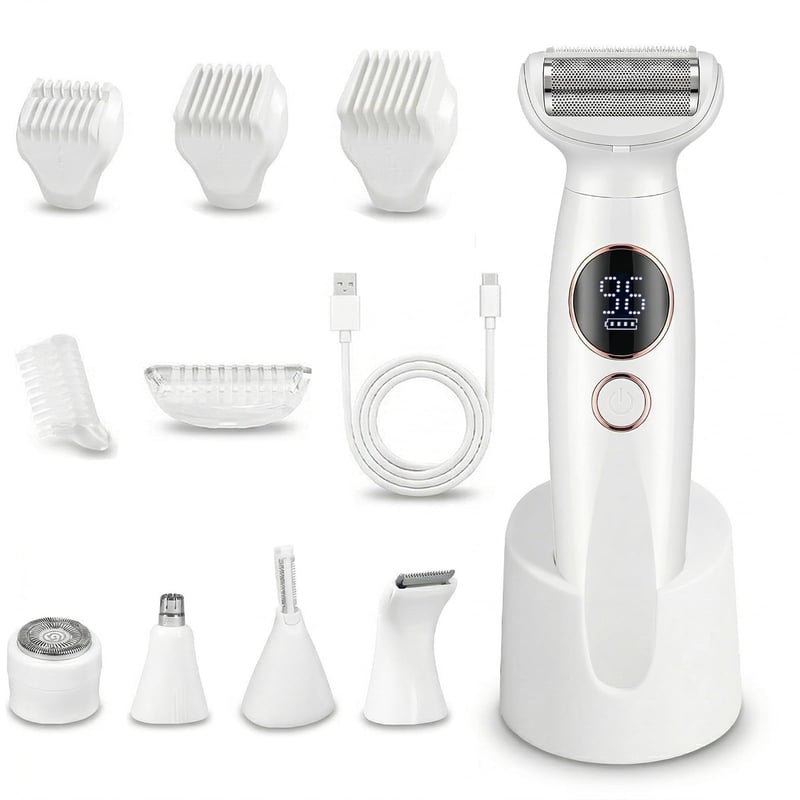 Aparat de ras intim electric 5 în 1 Carehabi pentru femei, rezistent la apă IPX7, pentru zona bikinilor, față și corp, cu stație de încărcare USB și trimmer pentru sprâncene