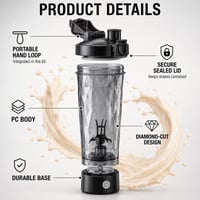 Carehabi elektrický proteínový šejker 700 ml, nabíjateľný mixér s motorom 7500 ot./min, rýchle nabíjanie typu C, nepriepustný a bez BPA, dotykové ovládanie 5