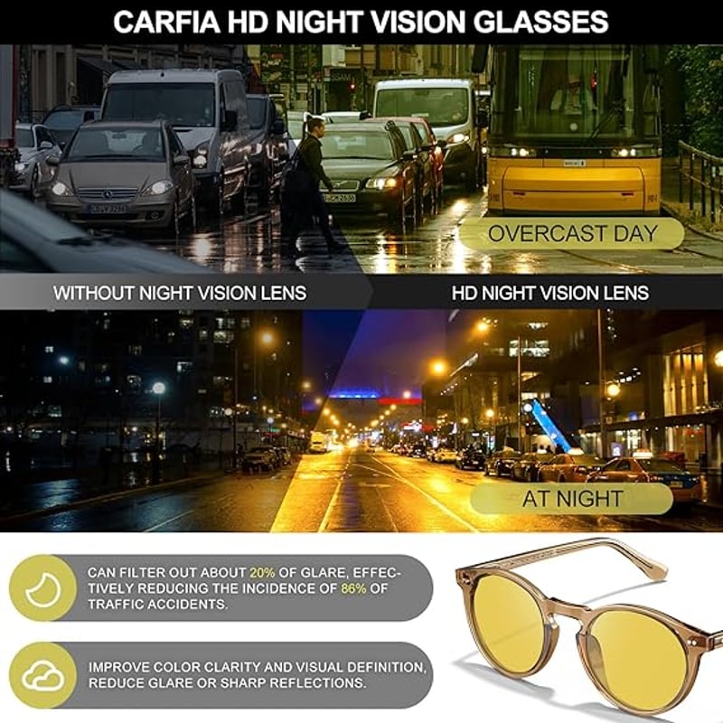 CARFIA Éjszakai Vezetési Szemüveg Kerek Anti-Glare Napszemüveg Autózáshoz Kerékpározáshoz