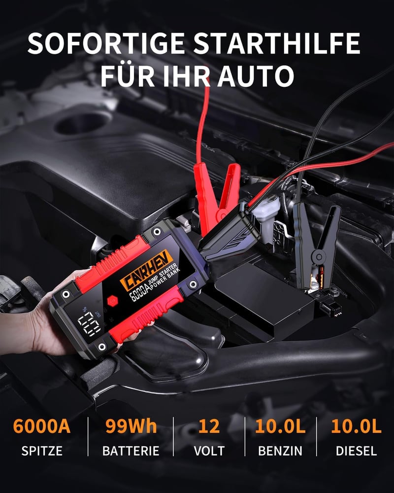CARHEV 6000A Autó Indítóbank 12V Benzin Diesel Hordozható Akkumulátor Booster LED