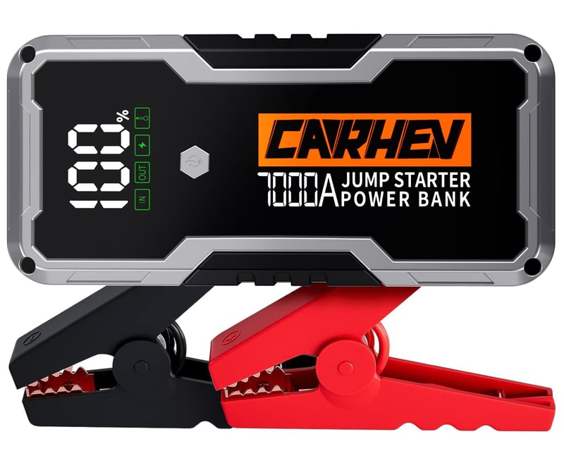 CARHEV 7000A Štartovacia powerbanka, 12V prenosný booster na autobatériu (pre benzínové alebo naftové motory do 10,0 l), so štartovacími káblami, LED svetlom a rýchlou USB nabíjačkou