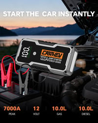 CARHEV 7000A Štartovacia powerbanka, 12V prenosný booster na autobatériu (pre benzínové alebo naftové motory do 10,0 l), so štartovacími káblami, LED svetlom a rýchlou USB nabíjačkou 2