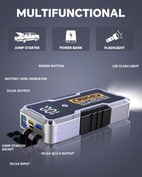 CARHEV 7000A Štartovacia powerbanka, 12V prenosný booster na autobatériu (pre benzínové alebo naftové motory do 10,0 l), so štartovacími káblami, LED svetlom a rýchlou USB nabíjačkou 5