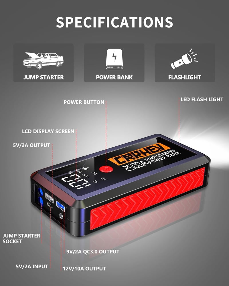 CARHEV JS-02 Autós Indításrásegítő Powerbank 2500A, 21800mAh - 8.0L Benzin/Dízel Motorokhoz, LED Lámpával, USB Gyorstöltéssel, IP65 Védelem
