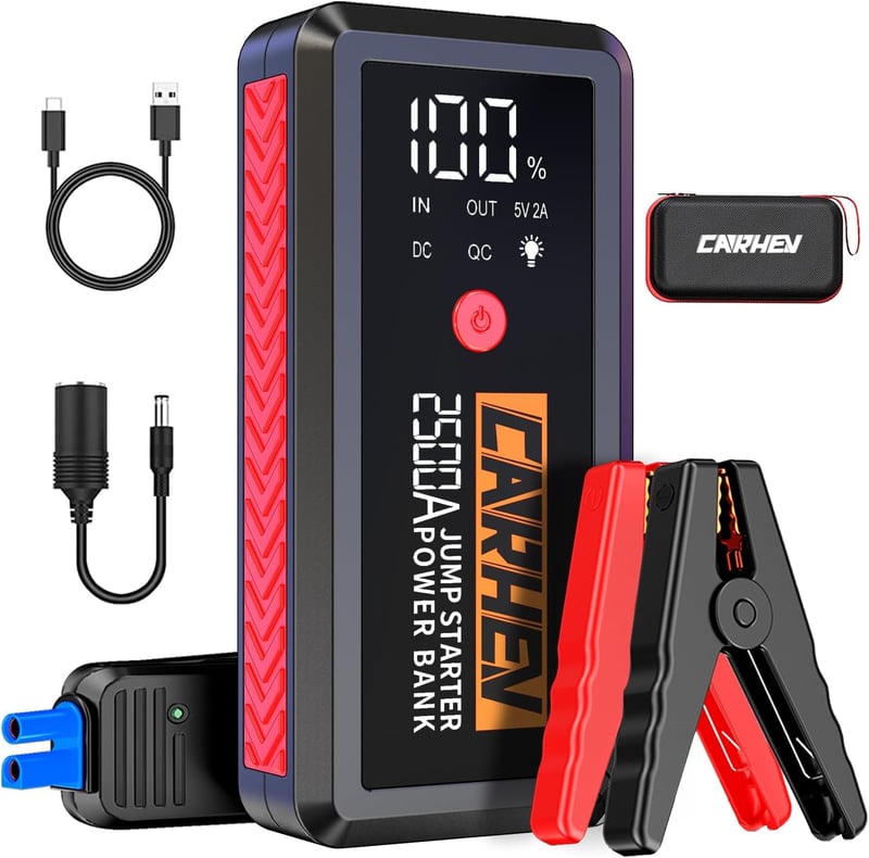 CARHEV JS-02 Autós Indításrásegítő Powerbank 2500A, 21800mAh - 8.0L Benzin/Dízel Motorokhoz, LED Lámpával, USB Gyorstöltéssel, IP65 Védelem
