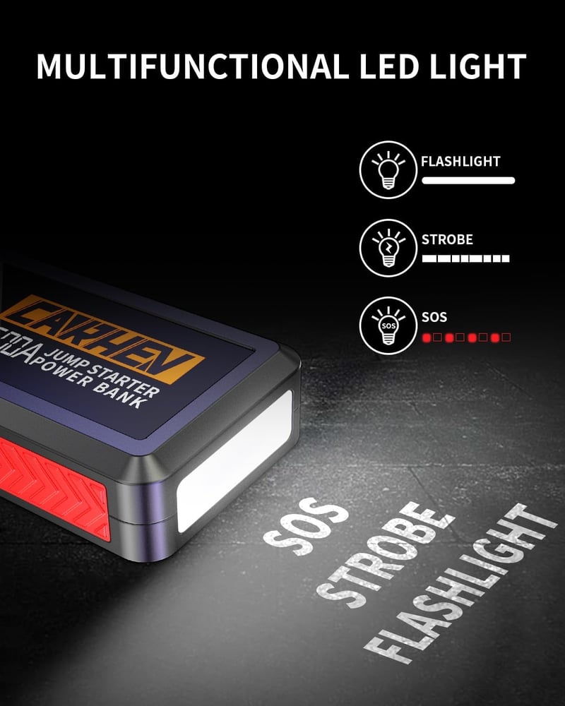CARHEV JS-02 Autós Indításrásegítő Powerbank 2500A, 21800mAh - 8.0L Benzin/Dízel Motorokhoz, LED Lámpával, USB Gyorstöltéssel, IP65 Védelem