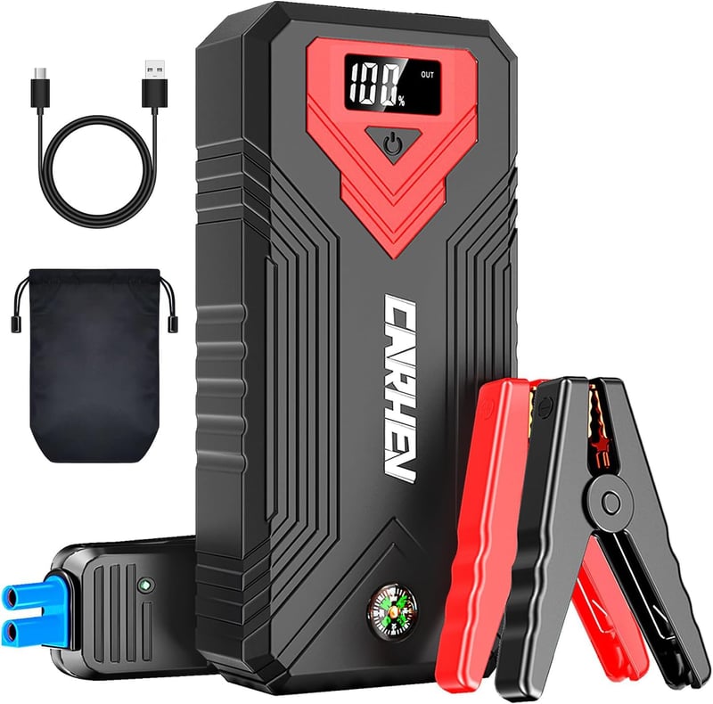 Štartovací zdroj CARHEV Power Bank pre autá, štartovací prúd 4000 A, pre benzínové alebo naftové motory do 8,0 l, 12 V, s rýchlonabíjaním cez USB a LED svetlom