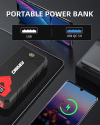 Štartovací zdroj CARHEV Power Bank pre autá, štartovací prúd 4000 A, pre benzínové alebo naftové motory do 8,0 l, 12 V, s rýchlonabíjaním cez USB a LED svetlom 5