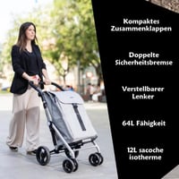 Carlett Classic Family Bevásárlókocsi 4 Kerékkel, 64 L Táska 32 kg-ig + 12 L Hűtőtáska, Állítható Fogantyú, Biztonsági Fék, Zöld 2