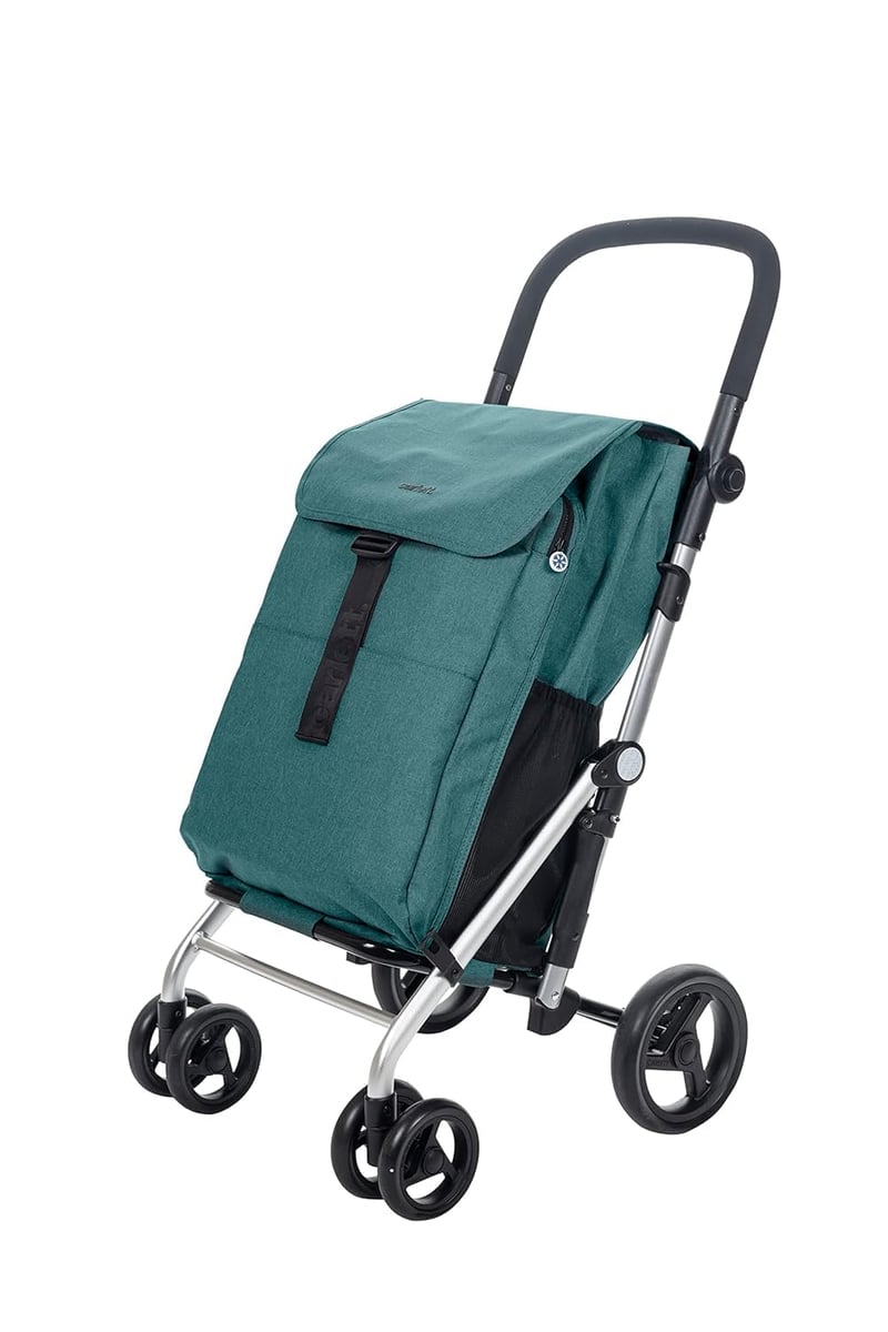 Carlett Classic Family Bevásárlókocsi 4 Kerékkel, 64 L Táska 32 kg-ig + 12 L Hűtőtáska, Állítható Fogantyú, Biztonsági Fék, Zöld