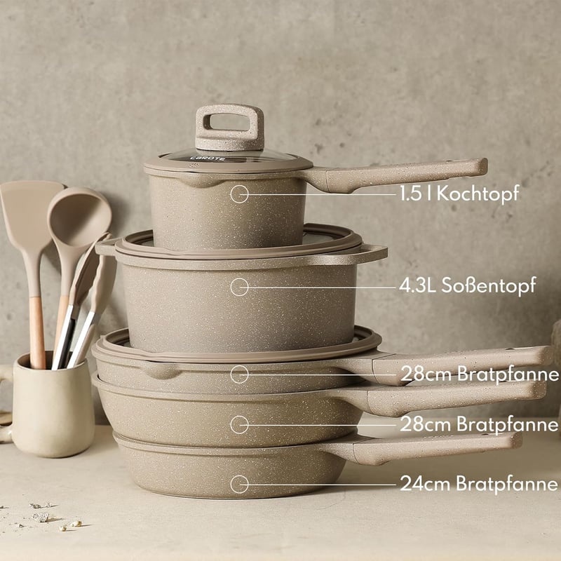 CAROTE 11 Részes Gránit Edénykészlet Tapadásmentes Indukciós Serpenyők 24/28cm Fazék Lábas Üvegtető Barna