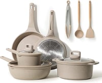CAROTE 11 Részes Gránit Edénykészlet Tapadásmentes Indukciós Serpenyők 24/28cm Fazék Lábas Üvegtető Barna 1