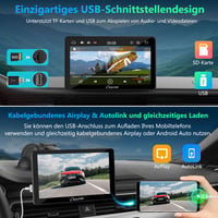 Prenosný CarPlay displej CARPURIDE V3R, 7-palcová dotyková obrazovka s rozlíšením 1080P HD, bezdrôtové Airplay a Android Auto, cúvacia kamera 720P, BT 5.0, Mirror Link, prehrávanie cez USB, čip s potlačením hluku 5