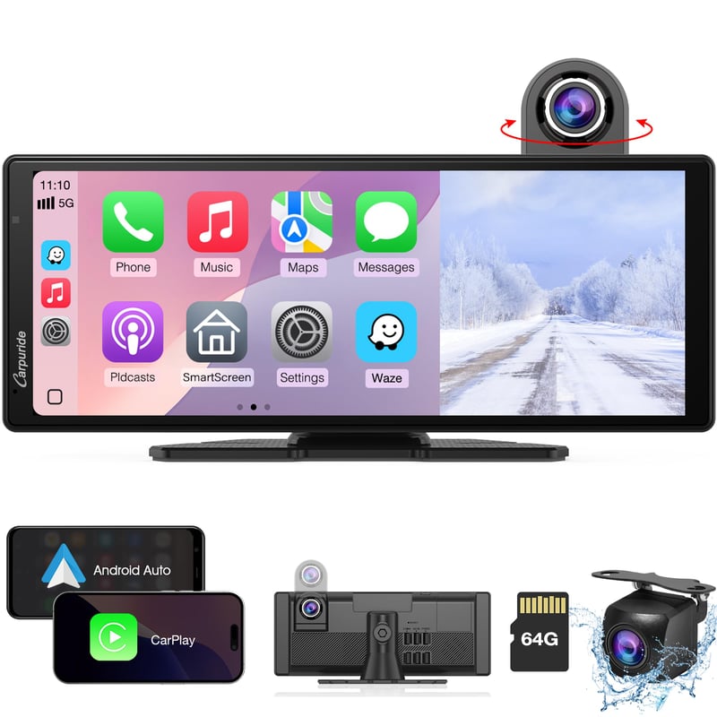 Autokamera Carpuride W904 s 10,26-palcovým displejom, bezdrôtovým CarPlay a Android Auto, 4K prednou a 1080P zadnou kamerou, GPS a Bluetooth