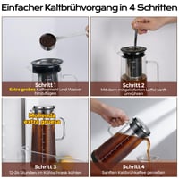 carrottimes Cold Brew kávovar 1,4 l s nerezovým filtrom, rukoväťou, protišmykovou základňou, čistiacou kefkou a dlhou miešacou lyžičkou 7