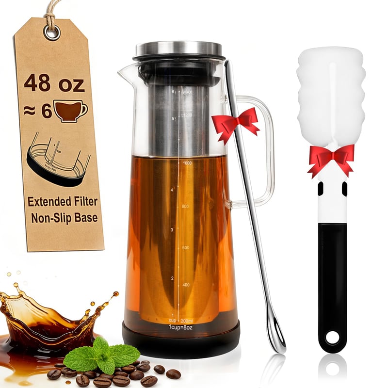 carrottimes Cold Brew kávovar 1,4 l s nerezovým filtrom, rukoväťou, protišmykovou základňou, čistiacou kefkou a dlhou miešacou lyžičkou