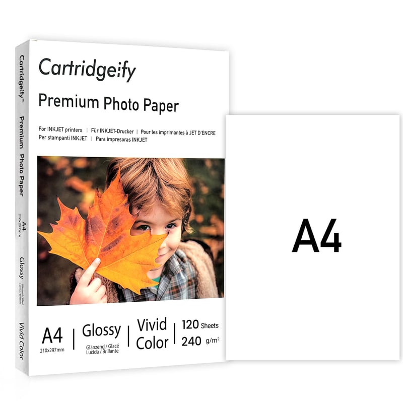 Vysokolesklý fotopapier Cartridgeify pre atramentové tlačiarne, A4, 240 g/m², 100 listov, snehobiely, pre atramentové tlačiarne Canon, HP, Epson, Brother