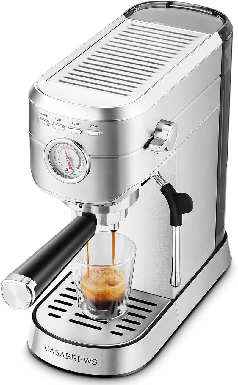 CASABREWS Eszpresszó Kávéfőző 20 Bar Nyomással - Rozsdamentes Acél, Professzionális Tejhabosítóval, Cappuccino és Latte Készítéséhez, 1L Víz - A-silver