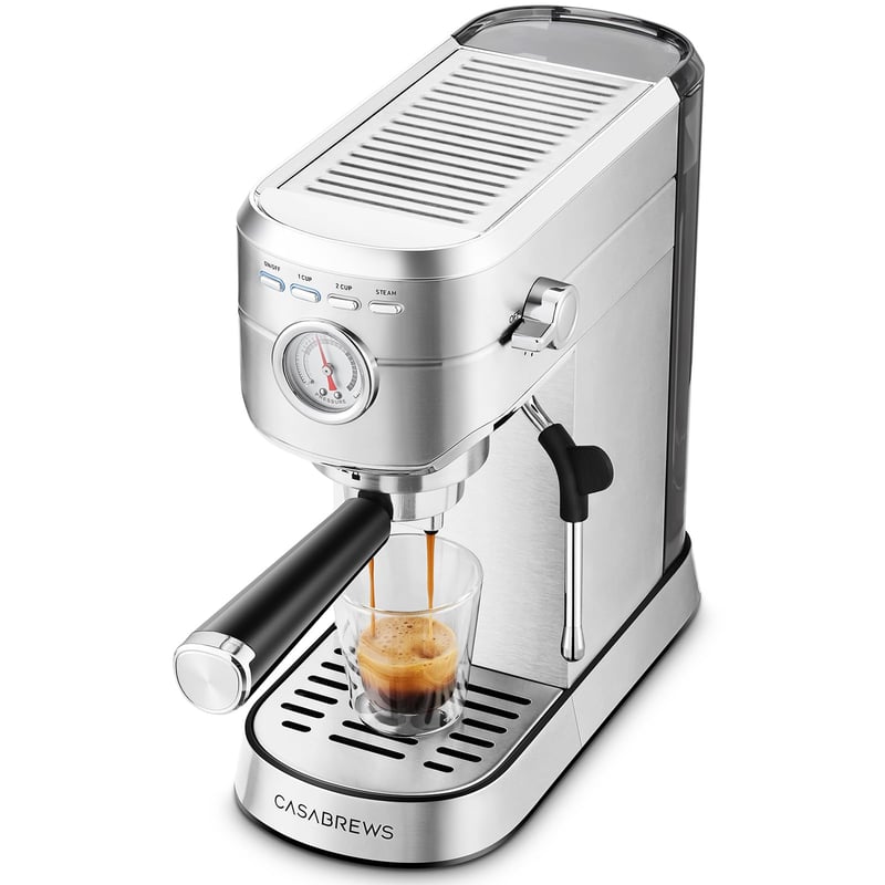 CASABREWS Aparat za espresso kavu s pritiskom od 20 bara - Nehrđajući čelik, s profesionalnim pjenjačem mlijeka, za pripremu cappuccina i lattea, 1L vode