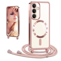 CaseLover magnetický kryt na Samsung Galaxy S26 5G so šnúrkou na krk, priehľadný silikónový, nárazuvzdorný s ochranou fotoaparátu, ružovozlatý 1