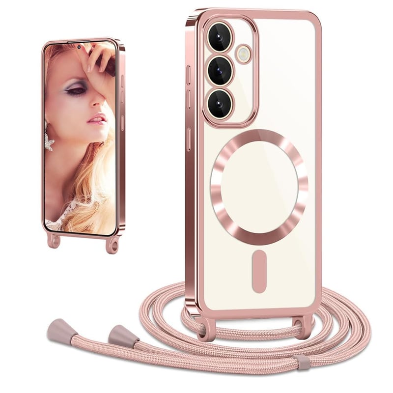 CaseLover magnetický kryt na Samsung Galaxy S26 5G so šnúrkou na krk, priehľadný silikónový, nárazuvzdorný s ochranou fotoaparátu, ružovozlatý
