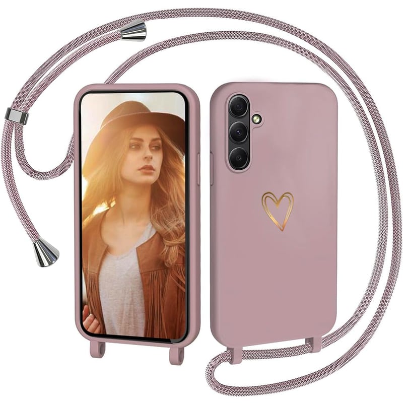 CaseLover silikónový kryt na Samsung Galaxy A14 5G/4G s remienkom a vzorom srdca - ružový