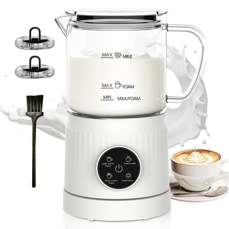 Casimhu elektrický napeňovač a ohrievač mlieka 4 v 1, 400 ml, sklenený, studená a teplá pena, na kávu, latte, cappuccino, biely
