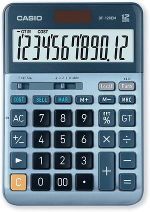 Stolná kalkulačka Casio DF-120EM, 12-miestna, solárne/batériové napájanie – strieborná