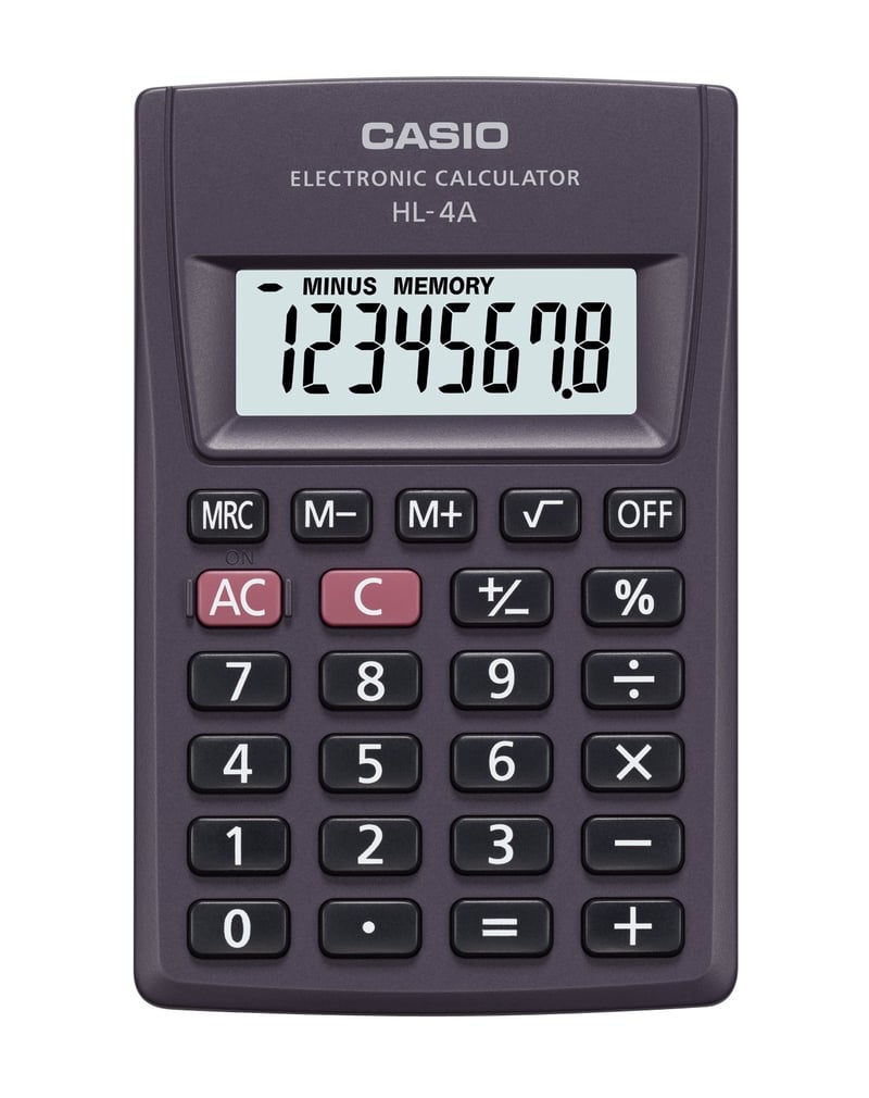 Vrecková kalkulačka Casio HL-4A, antracitová, 8-miestny displej, napájanie na batérie, kompaktná, prenosná kalkulačka