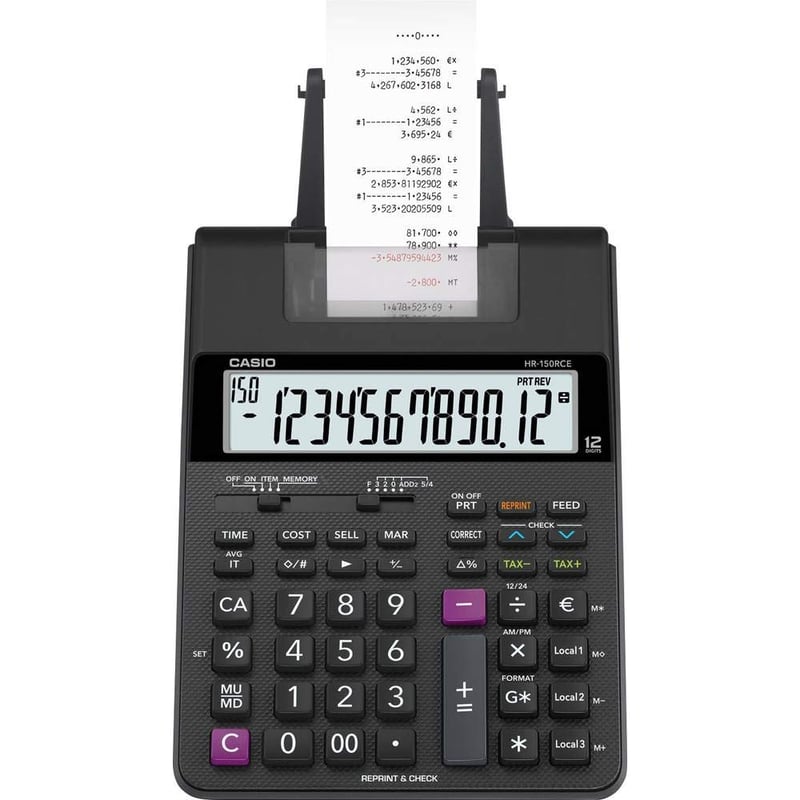 Tlačová kalkulačka Casio HR-150RCE, dvojfarebná tlač, 12-miestny LCD displej, čierna