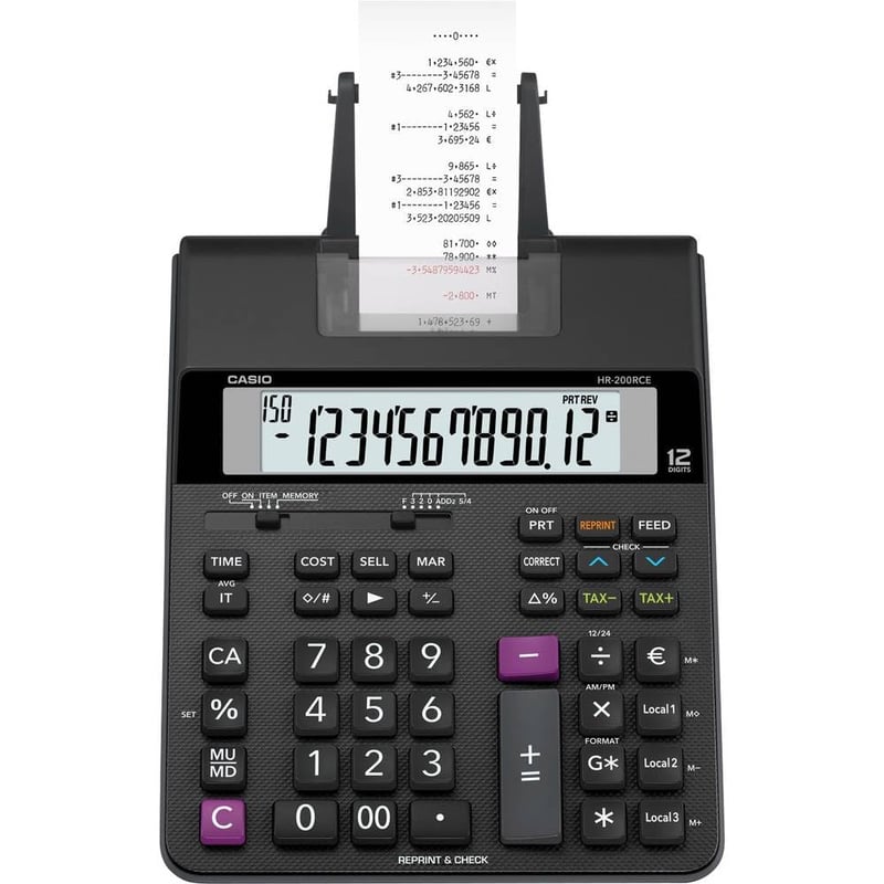Calculator cu imprimantă Casio HR-200RCE, afișaj LCD cu 12 cifre, imprimare în 2 culori, negru