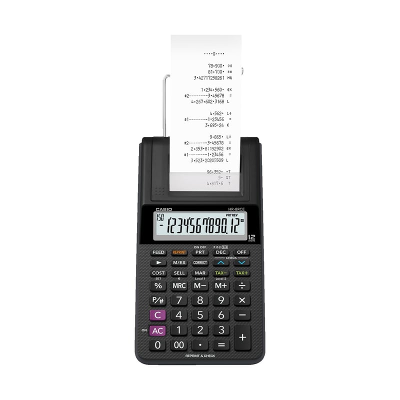 Kalkulačka s tlačiarňou Casio HR-8RCE-BK, 12-miestny LCD displej, čierna