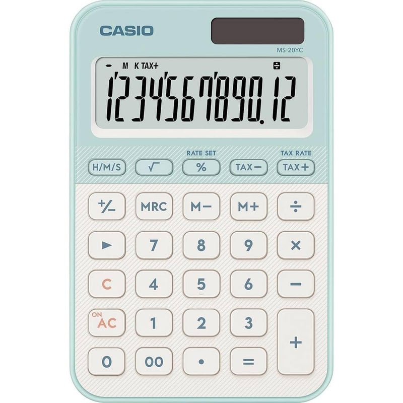 Stolná kalkulačka Casio MS-20YC-LG, zelená, 12-miestny displej, solárne a batériové napájanie, výpočet percent, výpočet dane