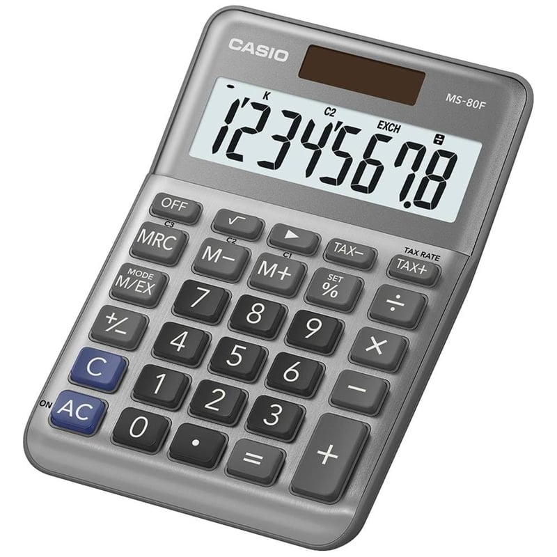 Stolná kalkulačka Casio MS-80F – 8-miestny displej, výpočet dane, odmocnina, hliníkový predný panel, solárne a batériové napájanie, antracitová