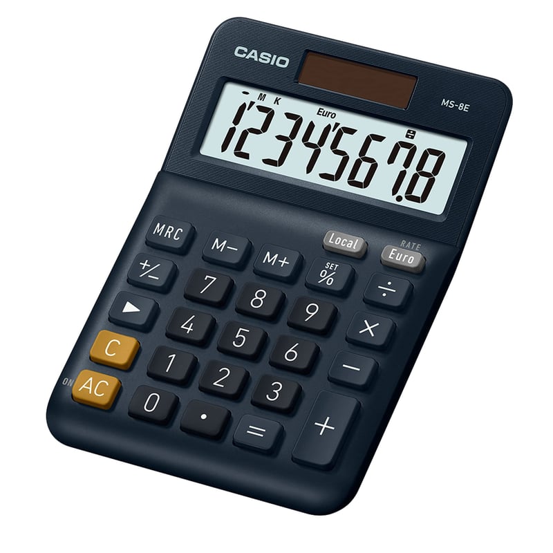 Stolná kalkulačka Casio MS-8E, 8-miestna, s funkciou prevodu mien, solárne/batériové napájanie – strieborná