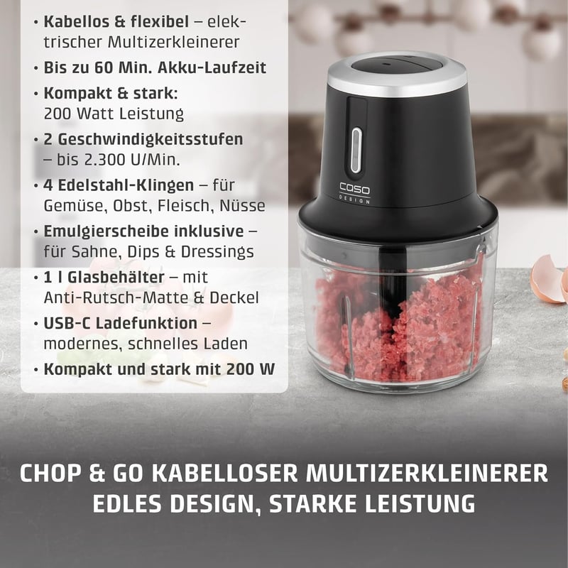 CASO Chop & Go Vezeték Nélküli Elektromos Aprító, 1L Üveg Tartály, 2300 RPM, USB-C Töltés