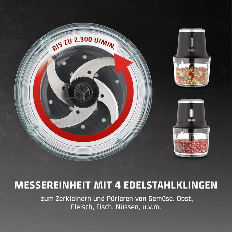 CASO Chop & Go Vezeték Nélküli Elektromos Aprító, 1L Üveg Tartály, 2300 RPM, USB-C Töltés
