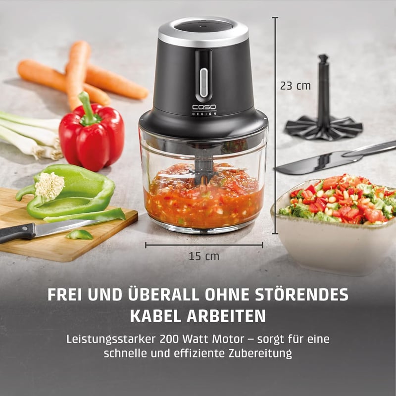 CASO Chop & Go Vezeték Nélküli Elektromos Aprító, 1L Üveg Tartály, 2300 RPM, USB-C Töltés